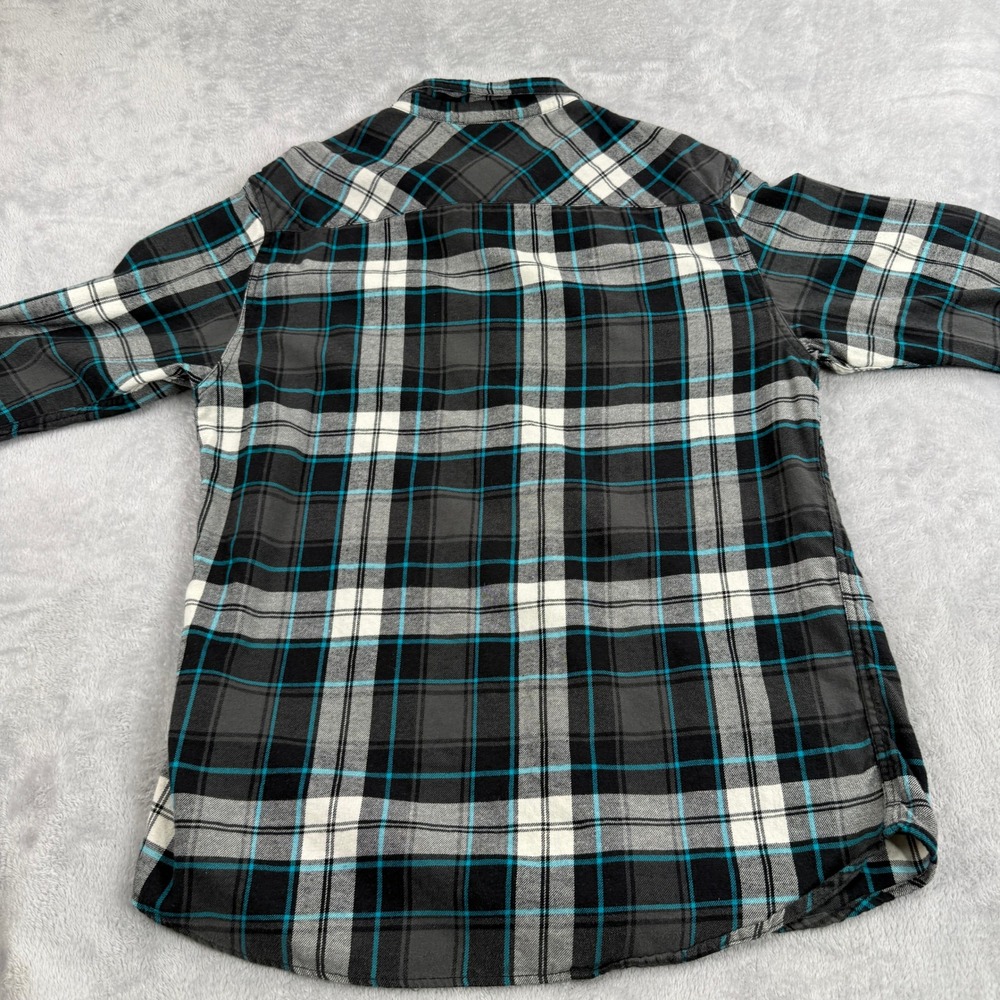 Quiksilver Plaid Flannel Button Down Shirt 2XL Black Teal Mens Surf Skater - Picture 9 of 12